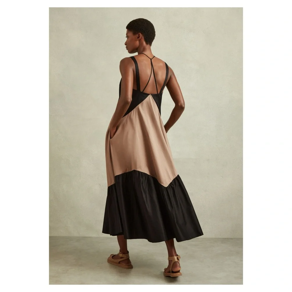 New! REISS LONDON “Natalie” Colorblock Tiered Midi Dress in Taupe and Black - Picture 6 of 11